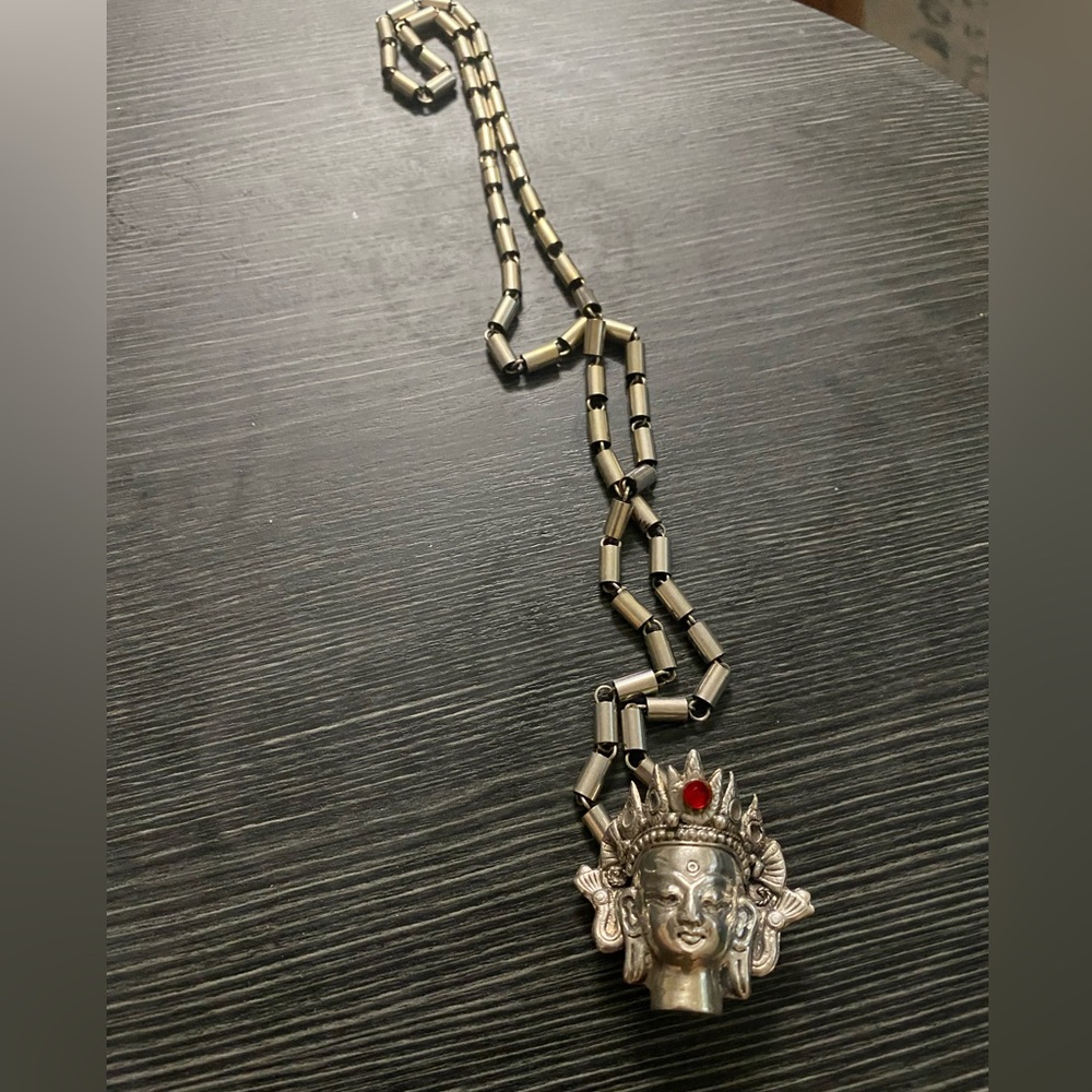 Silver Tone  Indian Goddess Pendant Necklace with Red Accent - Women Jewelry